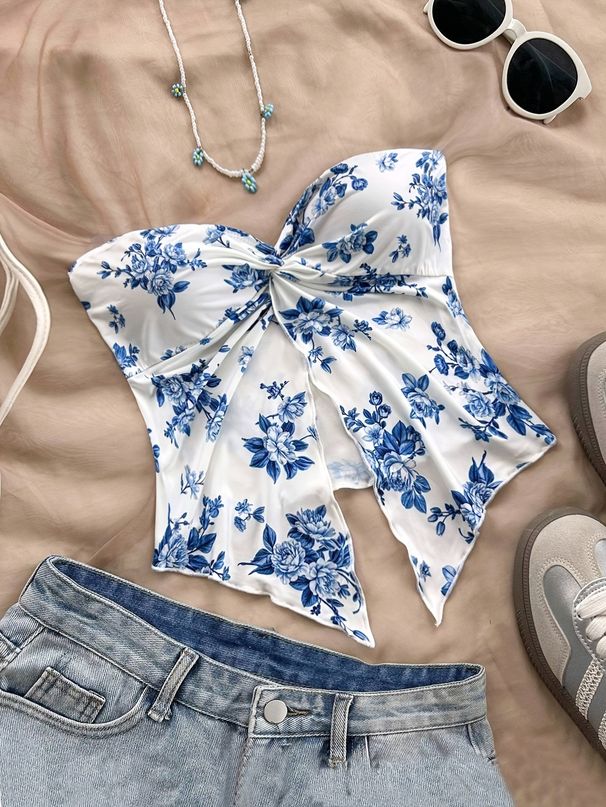 Women’s Clothing Printed Asymmetrical Hem Vest Holiday Style Wrapped Chest Cross Strapless Top Off Shoulder Top_ecoleips.com