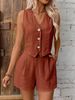 Women's Clothing Women's Sleeveless Button-Front Top & Shorts Set - Solid Color Casual Outfit_ecoleips.com