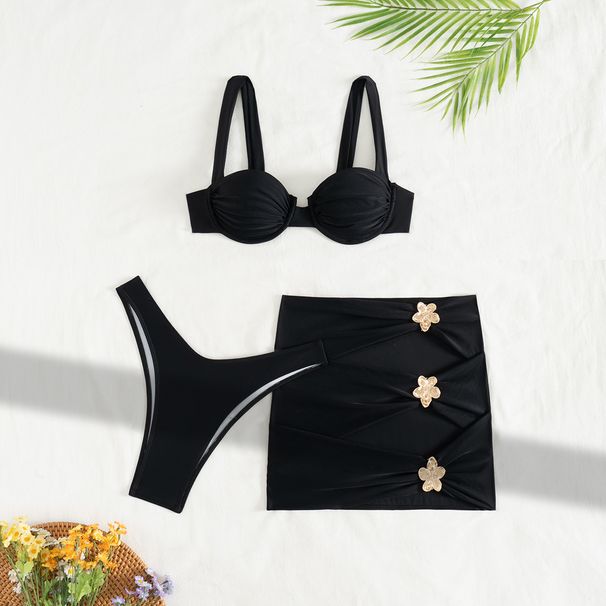 Women's Clothing "3-Piece Solid Color Bikini Set - Swimwear With Skirt & Adjustable Straps"_ecoleips.com
