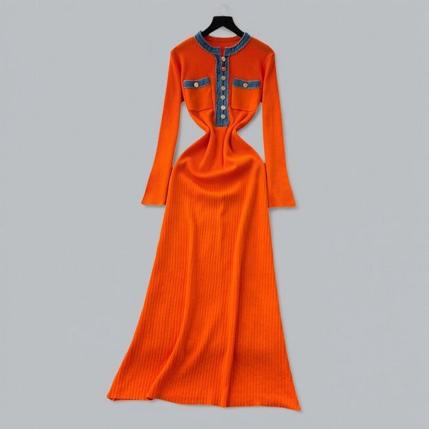 Denim Collar Knit Dress - Oversized Fit, Long Sleeve, Belted Waist, Flared Hem, Casual Elegance Blocked Knit Dress_ecoleips.com