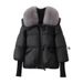 Women's Clothing Short Puffer Jacket With Fox Fur Collar Oversized Winter Coat Embroidery, Thick Cotton Padding, Zipper Closure (White/Black/Brown)_ecoleips.com