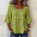Women's Clothing Women's Casual Square Neck Top Solid Color Cotton Linen Blend Lace Trim Three Quarter Sleeve Summer Fashion For Adults_ecoleips.com