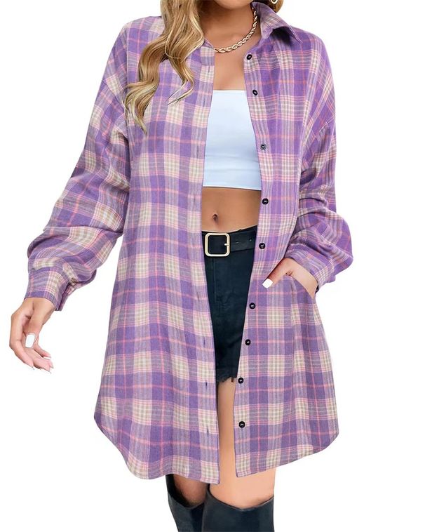 Women's Clothing Elegant Plaid Long Sleeve Shirt Autumn Top Regular Fit Polyester Blouse_ecoleips.com