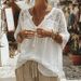 Women's Clothing Women's Casual V Neck T-Shirt Comfortable Batwing Sleeve Hollowed Out Solid Color Top For Spring/Summer Style_ecoleips.com