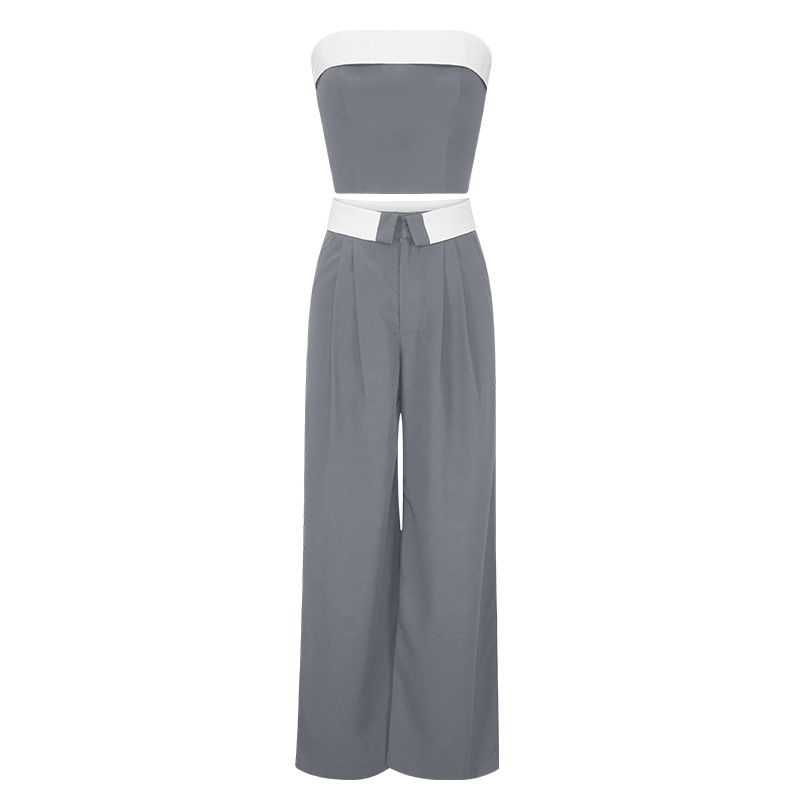 Women's color contrast vest wide leg suit pants fashion casual two sets_ecoleips.com