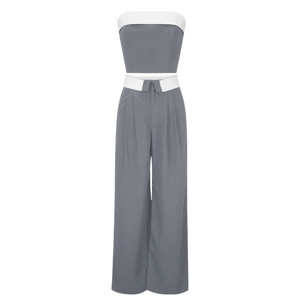 Women's color contrast vest wide leg suit pants fashion casual two sets_ecoleips.com