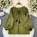 Women's Ethnic Style Embroidered Top Tie Waist Loose Fit Slimming Lantern Sleeves Super Cute Versatile Spring 2025_ecoleips.com