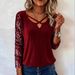 Elegant V-Neck Long Sleeve Blouse With Sequin Accents - Stretch Knit Fabric For Women (Red/Black, S-XXL)_ecoleips.com