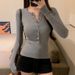 Women's Sexy Button Down Long Sleeved T-shirt V Neck Slim Fit Fashionable Alluring Base Layer Top For Autumn Style_ecoleips.com