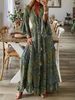 European And American Cross-border Bohemian Style Bell-sleeve Printed V-neck High-waisted Holiday Floral Long Dress For_ecoleips.com