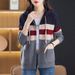 K Color Blocked Striped Double Zipper Hooded Knitted Cardigan Women's Loose And Slimming Sweater Top Jacket_ecoleips.com