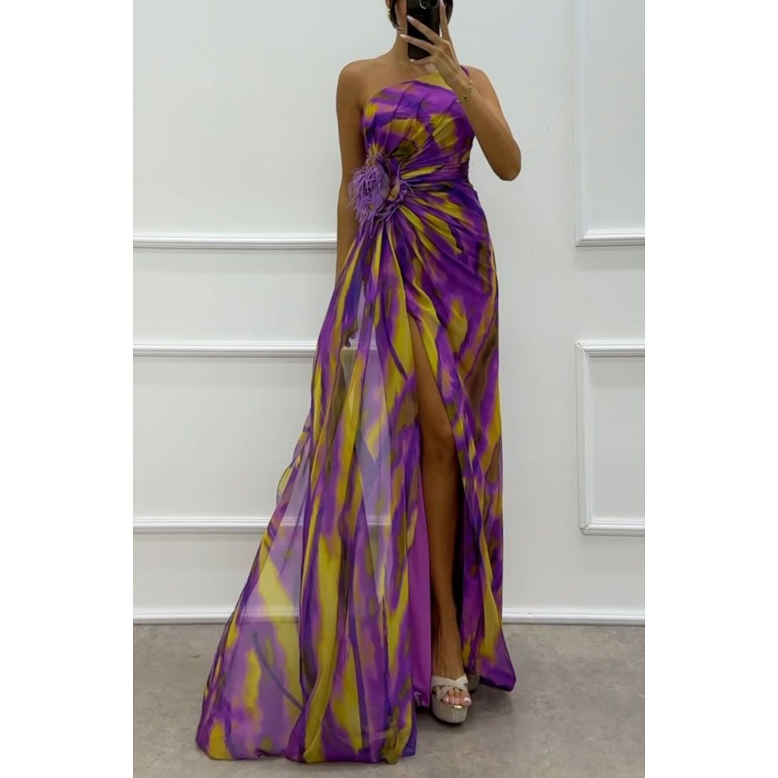 Women's Clothing Sexy Off Shoulder Tube Top Tie Dye Contrast Color Flower Mesh Long Skirt_ecoleips.com