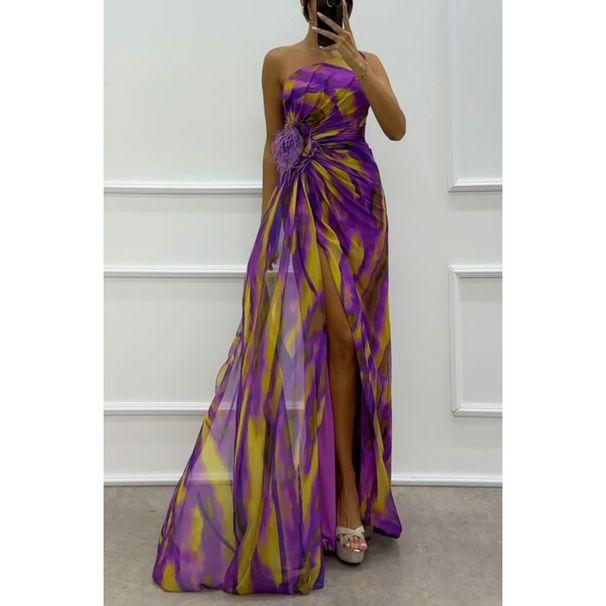 Women's Clothing Sexy Off Shoulder Tube Top Tie Dye Contrast Color Flower Mesh Long Skirt_ecoleips.com