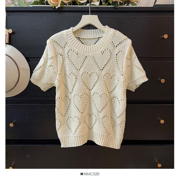 Women's Clothing Sweet And Age Reducing Love Hollow Round Neck Short Sleeved Knitted Sweater Summer New Loose Pullover Slightly Transparent Tops_ecoleips.com