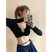Women's Clothing Gray Retro V Neck Long Sleeved Short T Shirt Female Autumn Korean Version Of Navel Baring T Shirt Hot Girl Outfit_ecoleips.com