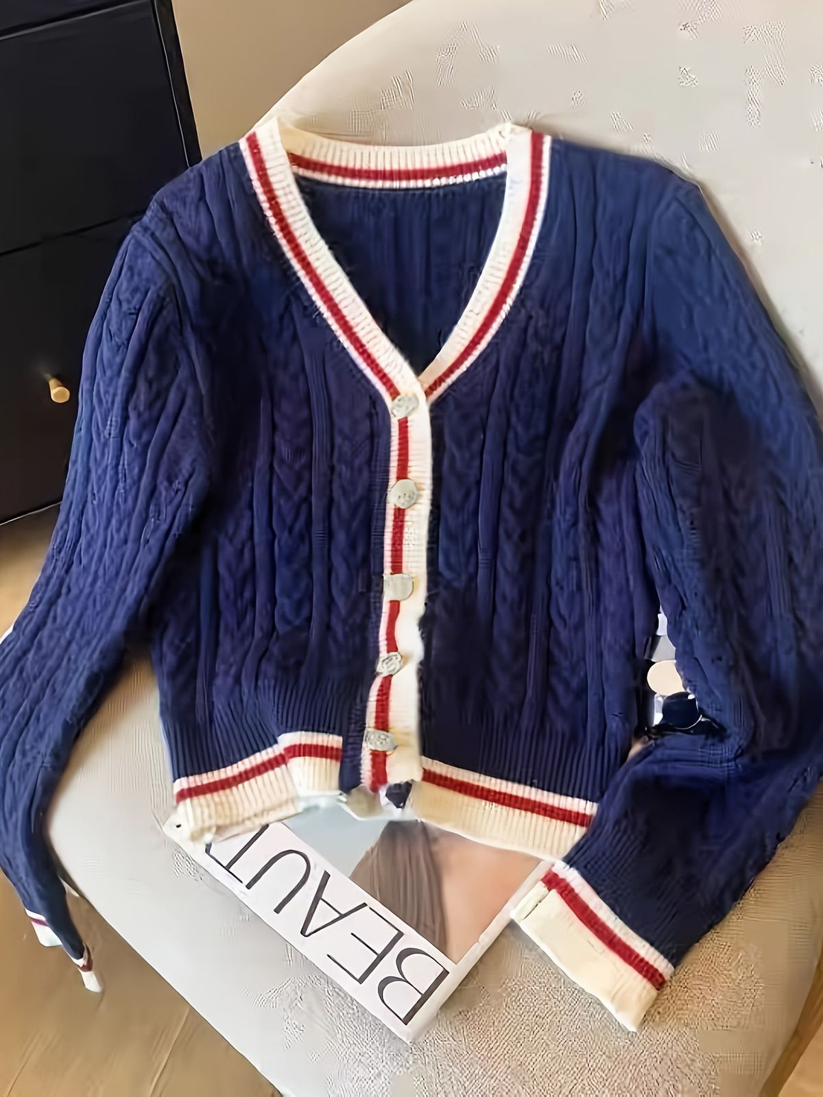 Women's V-Neck Button Cardigan - Preppy Contrast Trim Knit Sweater For Autumn Layering In White/Grey/Navy_ecoleips.com