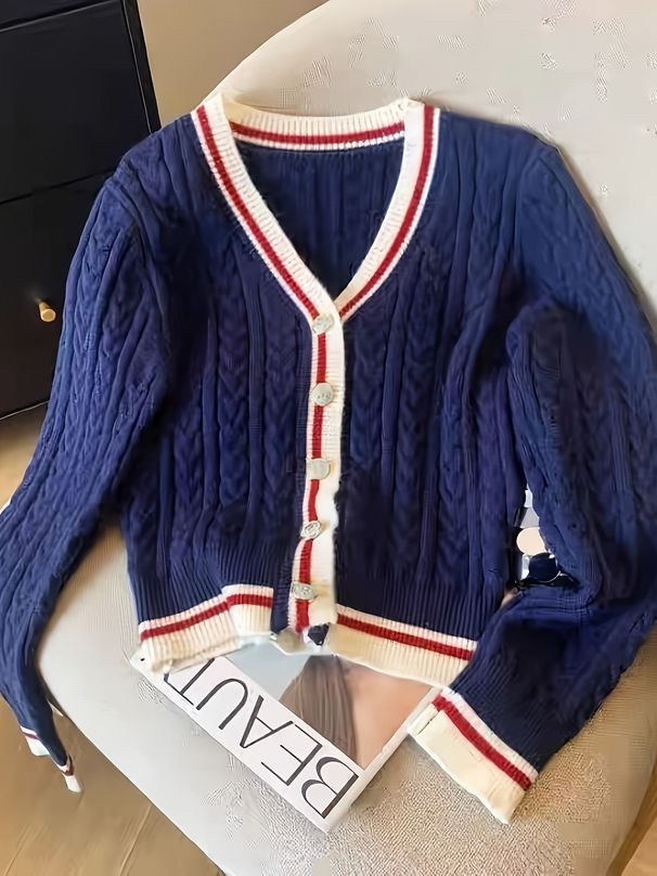Women's V-Neck Button Cardigan - Preppy Contrast Trim Knit Sweater For Autumn Layering In White/Grey/Navy_ecoleips.com