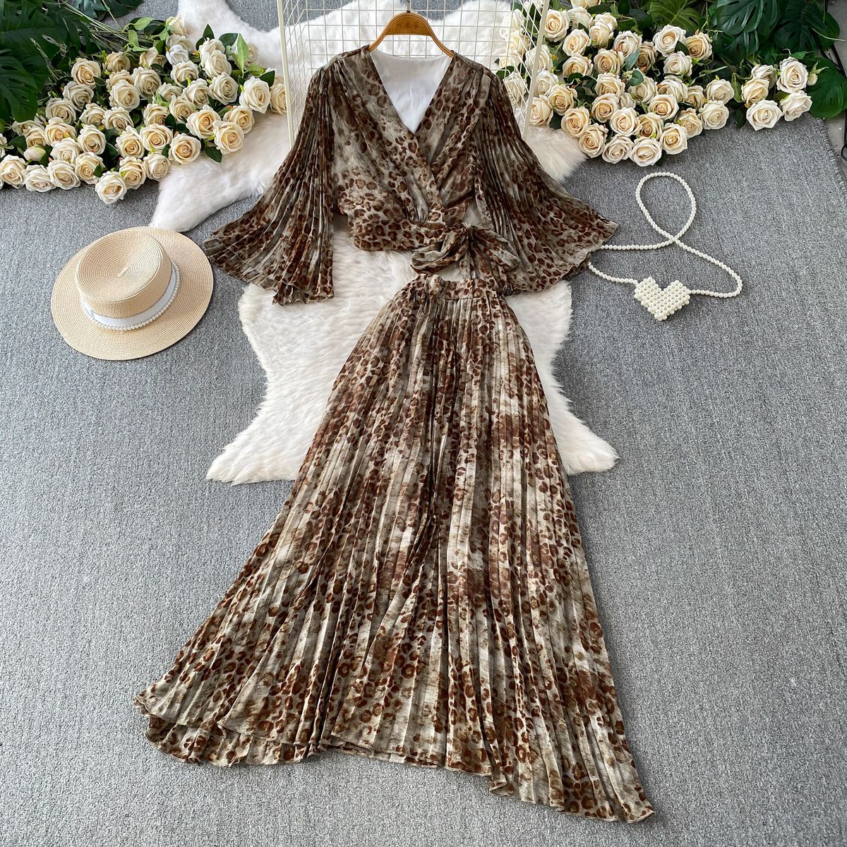 Elegant Abstract Print Wrap Top With Flared Sleeves And High-Waisted Pleated Maxi Skirt Set, Criss-Cross Back Women's Outfit_ecoleips.com