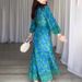 Vintage Floral Print Dress For Women - Elegant V-Neck, Lantern Sleeves, High Waist, Long Flowy Skirt (Peacock Green/Red/Black)_ecoleips.com