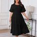 Women's Clothing Plus Size Women's Round Neck Dress Pleated Layered Bohemian Long Skirt_ecoleips.com