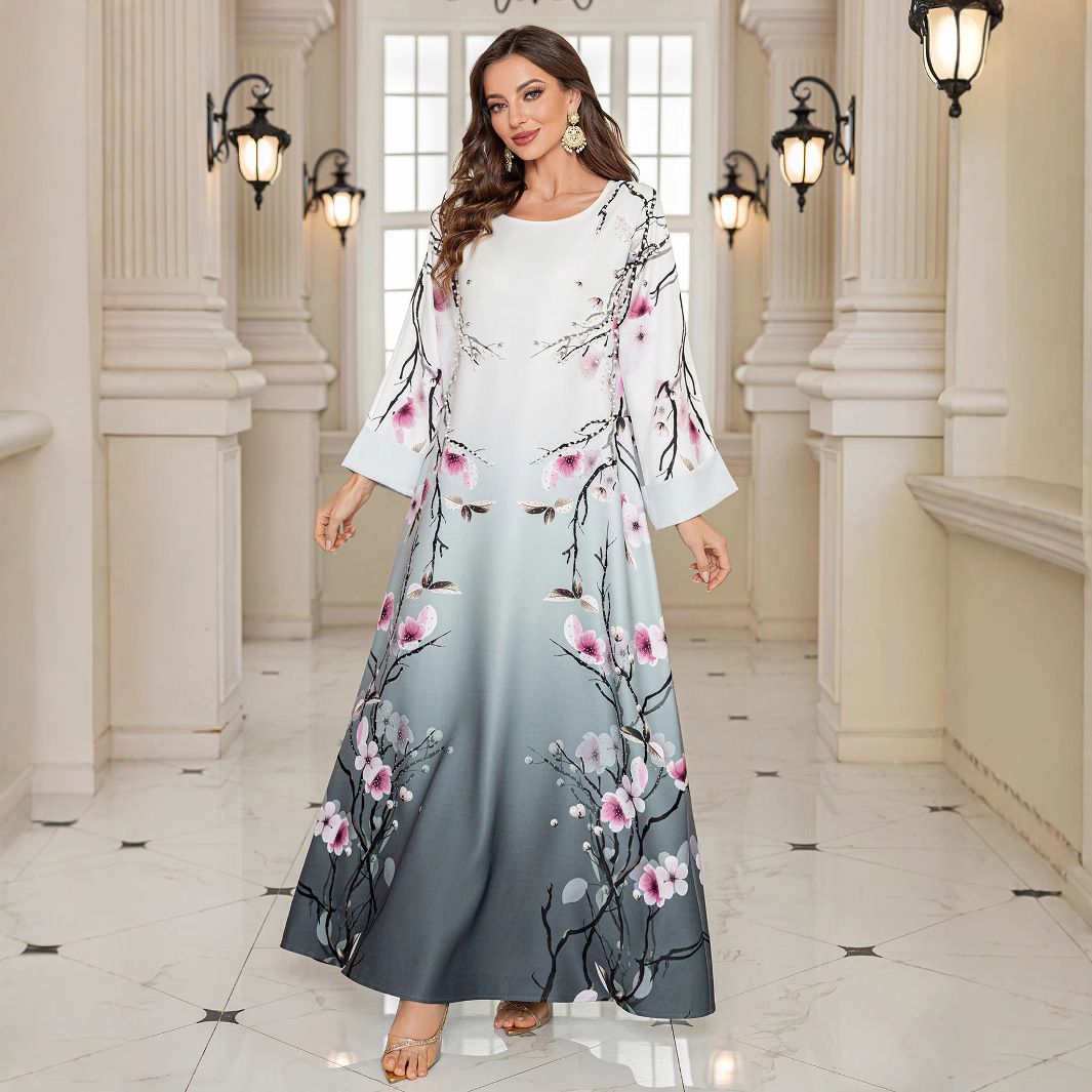 Women’s Clothing Muslim Women's Robe Printed Beaded Hot Diamond Round Neck Dress_ecoleips.com