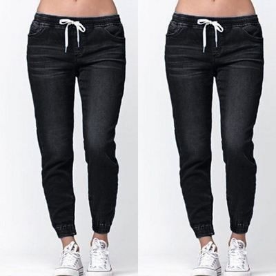 Denim Trousers With Drawstrings, Wish Cross-border Jeans, Women's Cuffed Lantern-style Washed Jeans_ecoleips.com