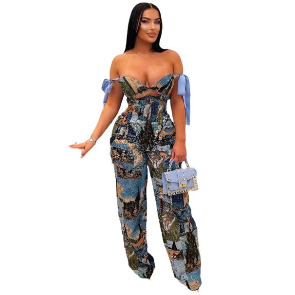 Women's Clothing Printed Oil Painting Pattern Tie Drawstring Multi Pocket Pants Suit_ecoleips.com