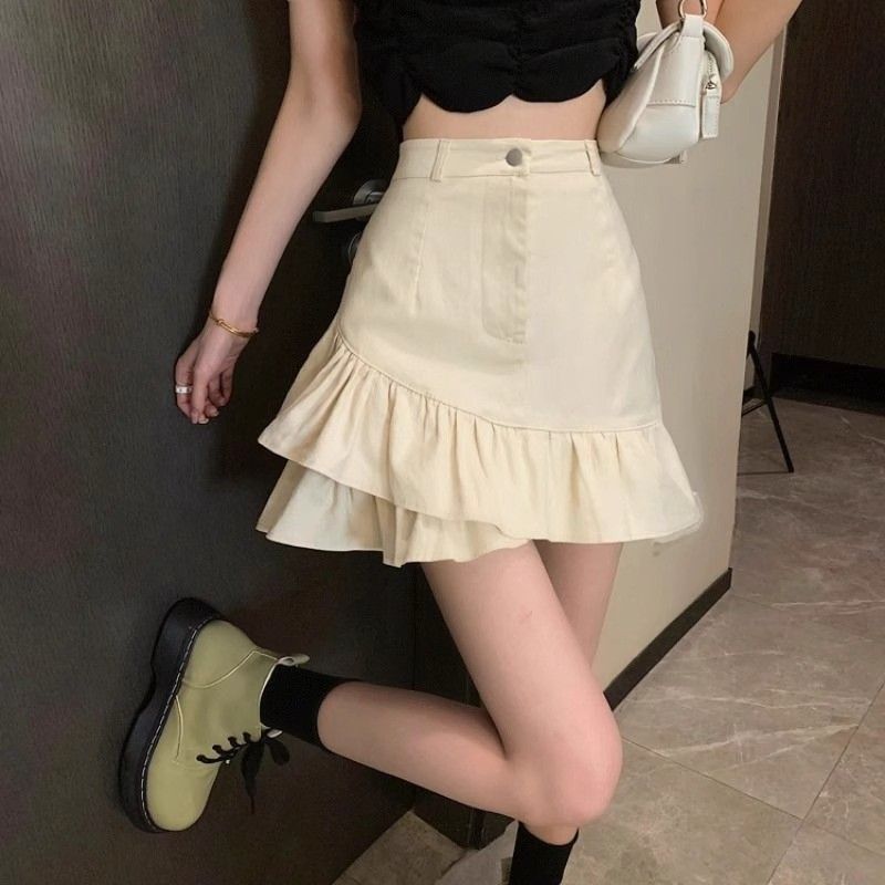 White Denim High-Waisted Mini Skirt for Women Spring/Summer New Style Irregular Ruffle A-Line Anti-Exposure_ecoleips.com