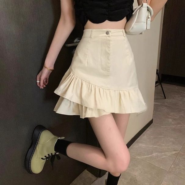 White Denim High-Waisted Mini Skirt for Women Spring/Summer New Style Irregular Ruffle A-Line Anti-Exposure_ecoleips.com