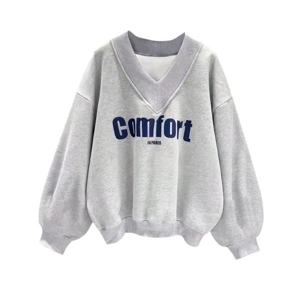 Trendy Oversized Letter Print Sweatshirt – Drop Shoulder Long Sleeve Pullover For Women (Light Gray, XS-XXL)_ecoleips.com