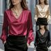 Elegance Puff Sleeve V Neck Satin Long Sleeve Shirt For Women New Relaxed Everyday Wear Comfortable Feshion_ecoleips.com