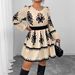 Women's High Waist Long Sleeve Dress – Floral Print Bubble Sleeve Round Neck Dress For Autumn Winter_ecoleips.com