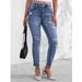 Women's Slim Fit Stretchy Blue Denim Pants Distressed Design Frayed Edges Fashionable Versatile Jeans_ecoleips.com