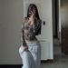 Women's Clothing Fashion Hot Girl Design Retro Camouflage Branch Pattern Extreme U Neck Slim Navel T Shirt_ecoleips.com