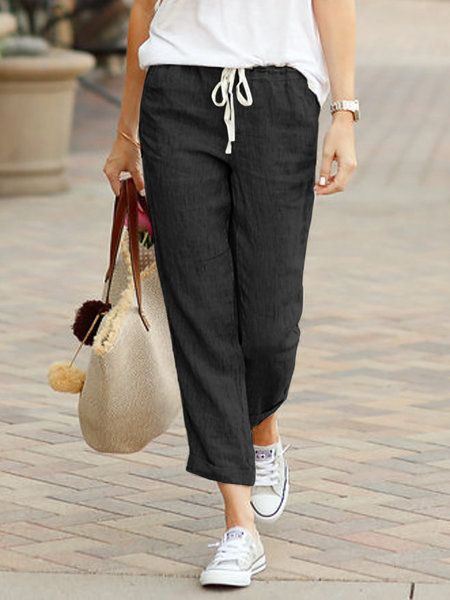 Women's Clothing Spring And Autumn New Solid Color Loose Casual Drawstring Elastic Waist Cotton And Linen Trousers_ecoleips.com