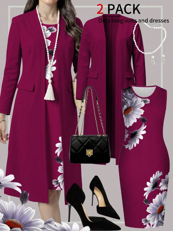 Women's Slimming Floral Print Long Cardigan Two Piece Set Bodycon Dress Round Neck Sleeveless Coat_ecoleips.com