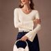 Elegant Slim-Fit Knit Top – Embellished Bell Sleeve Pullover With Beaded Detailing (Ivory, Blush Pink, One Size)_ecoleips.com