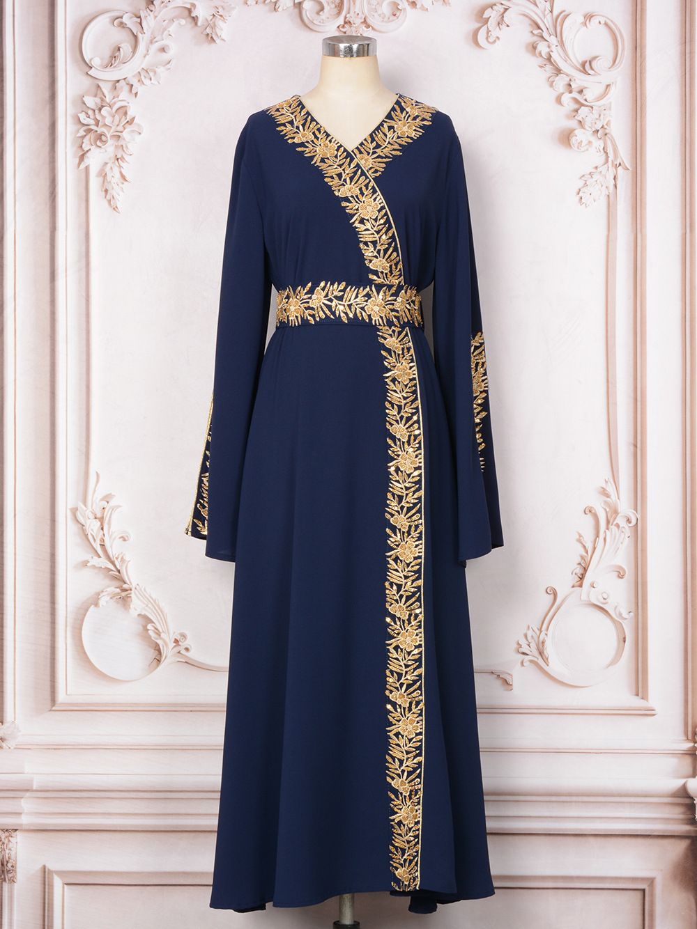 Modest Abaya Dress Elegant Beaded Abaya Dress For Women - Dubai Style Long Sleeve Maxi Dress With Waist Tie_ecoleips.com