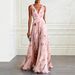 European American Cross-border Women's Blue Tulip Print Dress, Elegant And Flowing, Sleeveless V-neck Chiffon Long Dress_ecoleips.com