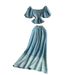 Women's Clothing Elegant Two-Piece Denim Set - Square Neckline With Puff Sleeves & High-Waisted Ombre Skirt (Light Blue, S/M/L/XL)_ecoleips.com