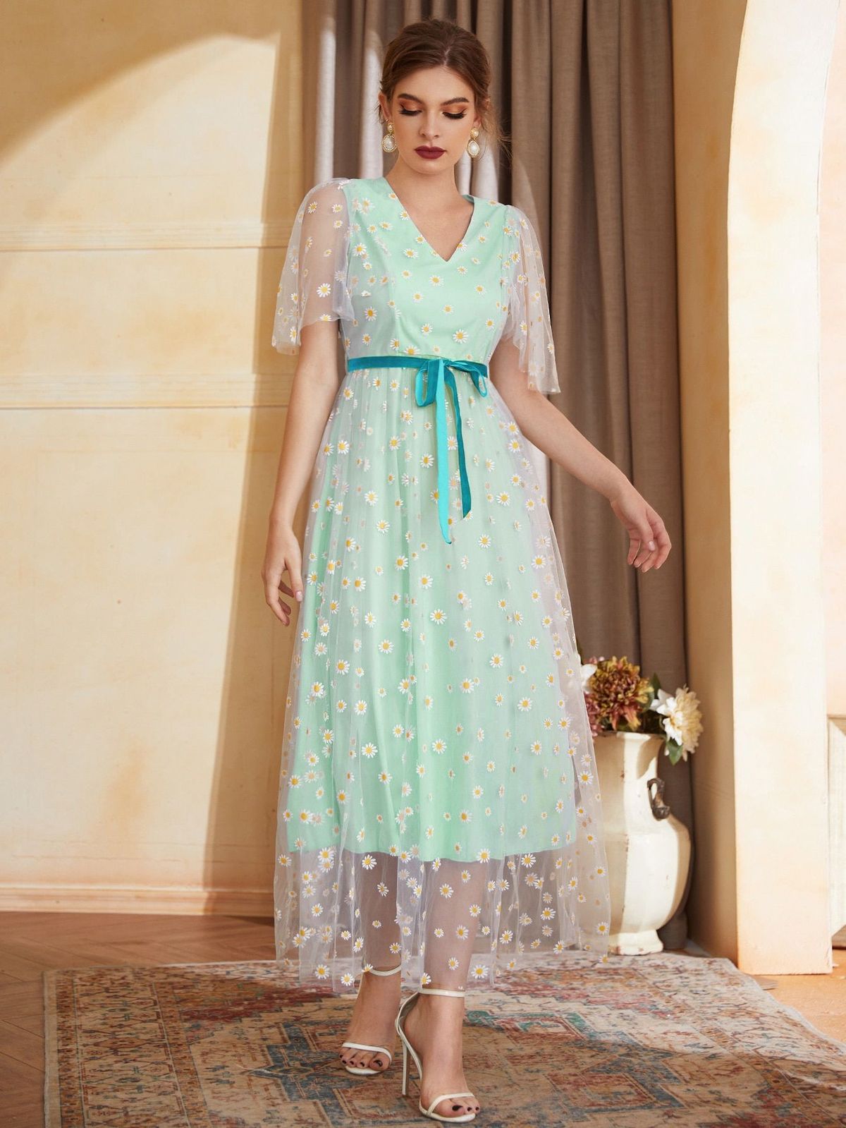 Women's Spring And Summer Elegant Party Dresses With A Belt, Mesh Dress_ecoleips.com