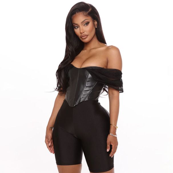 2026 Spring/Summer Women's Clothing Autumn Mesh Sleeve PU Off-Shoulder Tube Top, Suitable For Outerwear, European_ecoleips.com