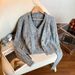 French Lace Trimmed Halterneck Fake Two-Piece Cardigan Layered With Plush Soft Waxy Gray Sweater Top_ecoleips.com