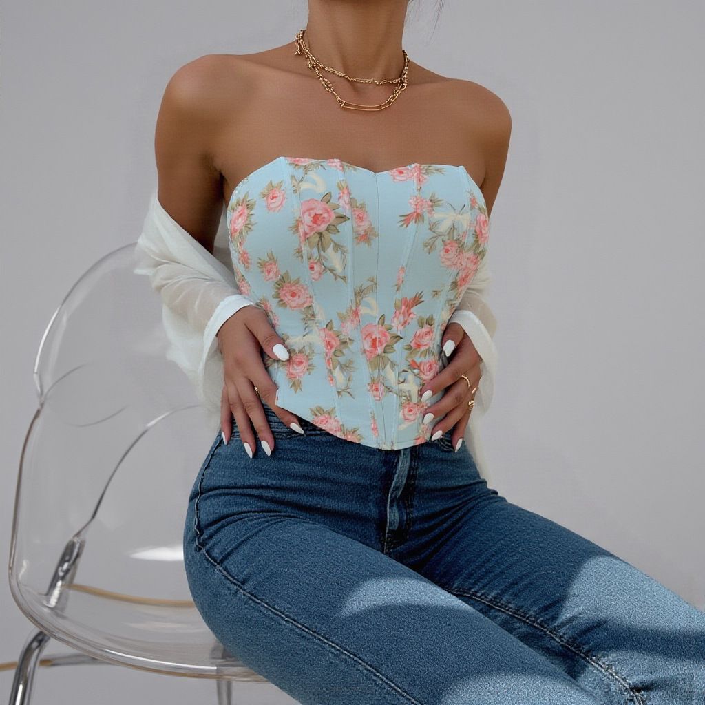 Diamond Patterned Fishbone Waist Corset European And American Style Tank Top Camisole, Cross Border Sexy Hot Girl Low Cut Backless Floral Bra_ecoleips.com