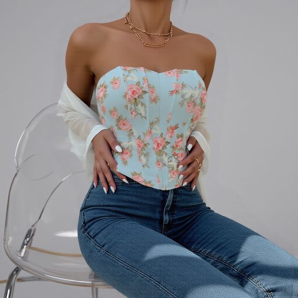 Diamond Patterned Fishbone Waist Corset European And American Style Tank Top Camisole, Cross Border Sexy Hot Girl Low Cut Backless Floral Bra_ecoleips.com