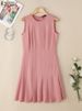 ZANZEA Womens Elegant Pleated Hem Mini Dresses Fashion O-Neck Sleeveless Fitted Waist Robes Femme OL Commuting Solid Vestidos_ecoleips.com