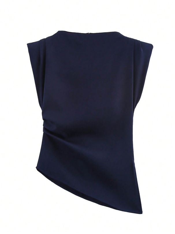 Women's Clothing Spring New Style New Fashion Pleated Decoration Asymmetric Shoulder Pad Top_ecoleips.com