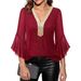 2026 European And American Fashion Casual Deep V-Neck Color-Block Three-Quarter Bell Sleeve Sequin_ecoleips.com