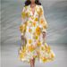 Elegant Retro Floral Print Chiffon Midi Dress With V-Neck & Flutter Sleeves – Feminine & Timeless For Women_ecoleips.com