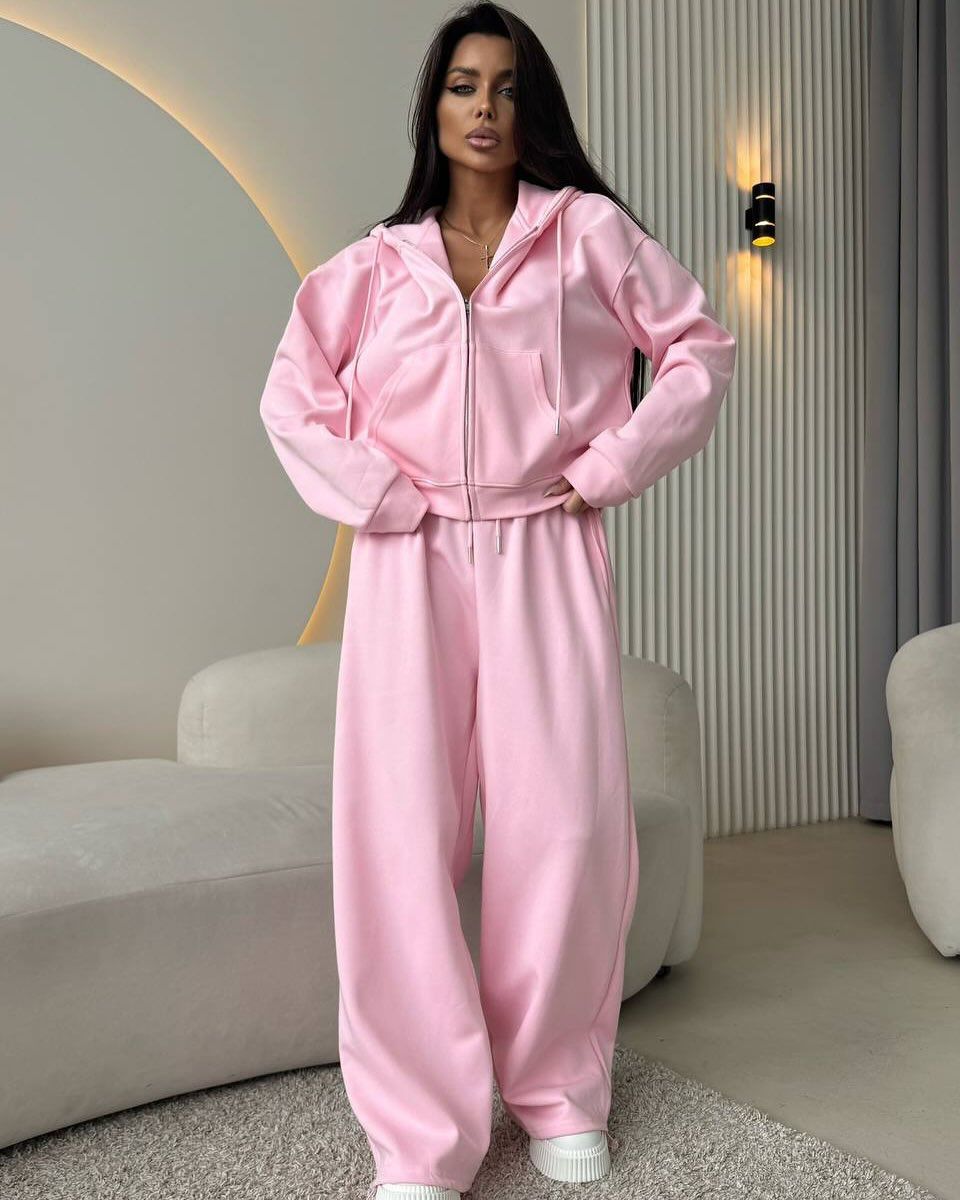 Women's Cotton Blend Zip-Up Hoodie & Drawstring Pants Set - Casual Streetwear Sportswear (Pink/Yellow/Charcoal/More, S/M/L/XL)_ecoleips.com